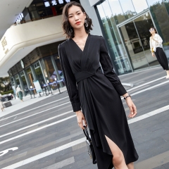 CHARM High end fashion black V-Neck long sleeve dr