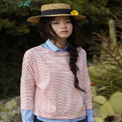 茵曼2020春装新款圆领条纹八分落肩袖宽松T恤女粉、蓝 black M