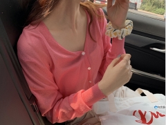 Simple V-neck pit stripe long sleeve woolen sweate