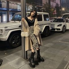 Leopard print slit knit skirt women high waist mid