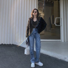 Love embroidery light-colored loose straight-leg j