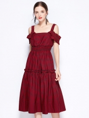 OEM Wholesale Hot Ladies Open Shoulder Plaid Dress
