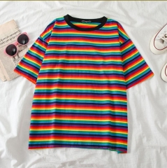 Sweet Rainbow Stripe Women Summer T-Shirt Minimali