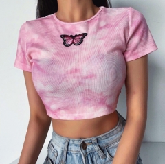 BEYOUTH Women's Short  Print Round Neck Tee pink A