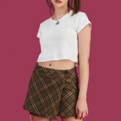 BEYOUTH Plaid A-line Mini Skirts One Button brown 