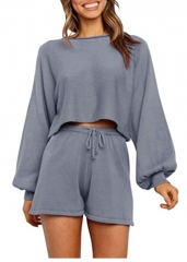 Dior Women's 2 Piece Knit Outfits Puff Sleeve Crop