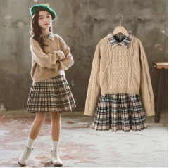 女童洋气套装裙秋冬季新款儿童长袖针织毛衣格子百褶背心裙两件套