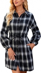 Hooye Women Dress Flannel Puffed Sleeve Dress Buck