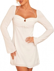 女装优雅连衣裙甜领长袖休闲派对迷你连衣裙 白色 s