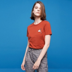 初语2018夏装新款可爱女装上衣熊猫印花短袖红色基础款纯棉T恤 焦糖色 XS