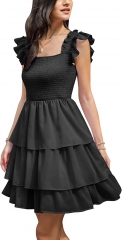 EXLURA Womens Square Neck Sleeveless Ruffle Dress 