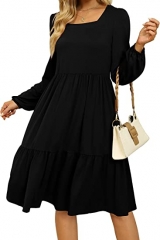 BOFELL Womens Square Neck Long Sleeve Dress Casual