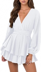 Women's Long Lantern Sleeve Plunging V Neck white 