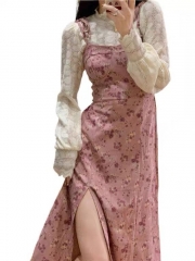 粉红玫瑰吊带裙开叉温柔个性连衣裙