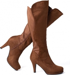 新女式麂皮及膝靴尖头细高跟靴休闲拉链高跟靴 棕色 11