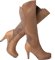 新女式麂皮及膝靴尖头细高跟靴休闲拉链高跟靴 浅棕色 6.5