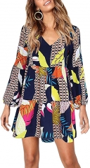 女式短袖束腰连衣裙 V 领褶皱宽松迷你摆裙 彩色 XXL