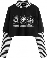 女士拼色蝴蝶印花条纹长袖露脐上衣 T 恤 黑色 s