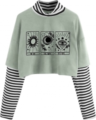 女士拼色蝴蝶印花条纹长袖露脐上衣 T 恤 绿色 s