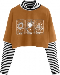 女士拼色蝴蝶印花条纹长袖露脐上衣 T 恤 橙色 s