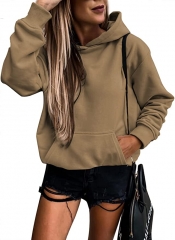 女士休闲连帽衫长袖实心轻量级套头衫上衣宽松卫衣带口袋 浅棕色 M