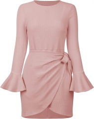 女装长袖紧身短裙圆领荷叶边袖腰系带结可爱鸡尾酒会迷你连衣裙 粉色 s