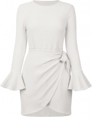 女装长袖紧身短裙圆领荷叶边袖腰系带结可爱鸡尾酒会迷你连衣裙 白色 XL