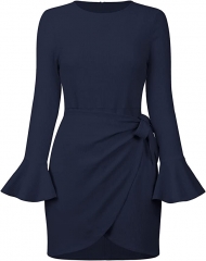 女装长袖紧身短裙圆领荷叶边袖腰系带结可爱鸡尾酒会迷你连衣裙 藏青色 L