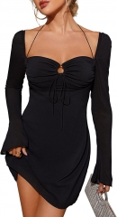 女装优雅连衣裙甜领长袖休闲派对迷你连衣裙 黑色 s