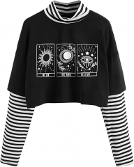 女士拼色蝴蝶印花条纹长袖露脐上衣 T 恤 女士拼色蝴蝶印花条纹长袖露脐上衣 T 恤