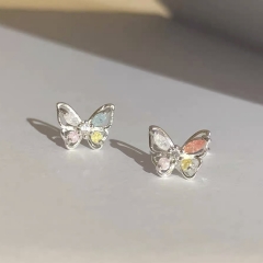 S925纯银针镶嵌彩锆蝴蝶小耳钉小众迷你耳饰超精致