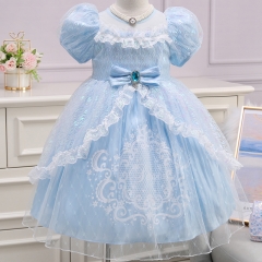 女童连衣裙2022夏季新款童装女童公主裙网纱走秀礼服小女孩长裙子 蓝色洛丽塔 100