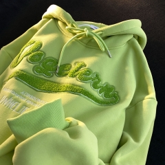 加绒连帽衫外套加厚绿色卫衣宽松毛巾绣学院风情侣装秋冬