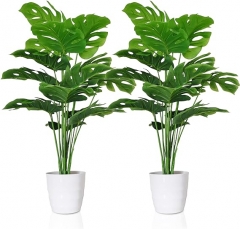 SAJANDAS 2 件套人造 Monstera Deliciosa 花盆植物,假热带棕榈树带绿叶茎