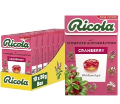 Ricola 蔓越莓 原装瑞士草本糖果 含 13 种高山草本植物和清爽果味蔓越莓 无糖 10 盒 x