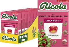 Ricola 蔓越莓 原装瑞士草本糖果 含 13 种高山草本植物和清爽果味蔓越莓 无糖 10 盒 x