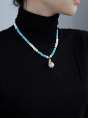 Baroque pearl pendant necklace turquoise chain 巴洛克