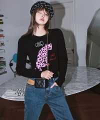 秋季卡通印花圆领套头毛衣女粉红豹休闲针织衫上衣 黑色 s