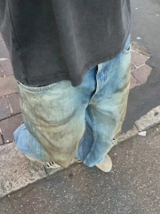 复古水洗水泥灰美式街头做旧宽松休闲垂感男牛仔裤