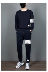 潮牌tb休闲运动套装男女情侣款圆领卫衣卫裤两件套四道杠秋冬加绒 黑色女款【春秋款】 均码