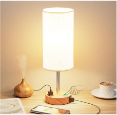 卧室床头台灯 三档可调光触摸灯 USB C充电端口 小灯木质底座