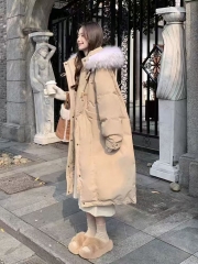 卡其色大毛领羽绒服女中长款2024冬季新款韩版宽松加厚过膝面包服