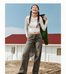 Hollister24秋季新款复古宽松深色直筒牛仔裤 女 灰黑色 160/64A