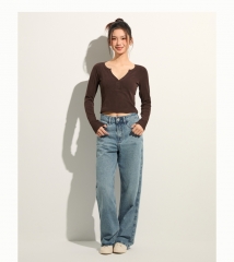 Hollister24秋新款美式小海鸥亨利领长袖打底衫T恤女