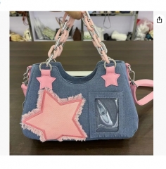 可爱单肩包斜挎包 Y2K 星星拼接牛仔邮差包手提包适合少女