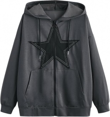 STAR 女式星星印花拉链超大长袖休闲口袋抽绳连帽衫
