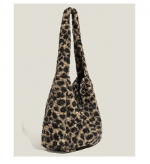 韩系复古慵懒风托特包2024新款毛绒豹纹大容量单肩包