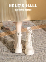 海伦馆白色马丁靴女秋冬新款真皮厚底短靴女靴中筒靴冬季加绒靴子