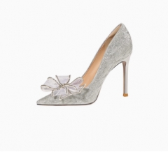 法式高跟鞋细跟尖头蝴蝶结鞋