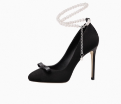 黑色高跟鞋女2024新款复古圆头一脚蹬单鞋